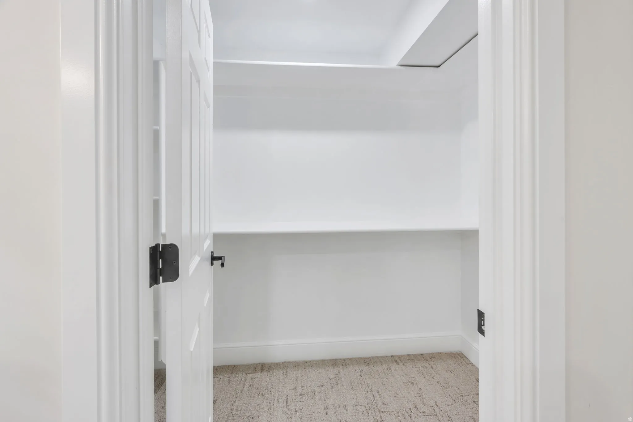 Recessed closet with white panel door, dark hardware, light wood-finish flooring, and multiple white shelving units