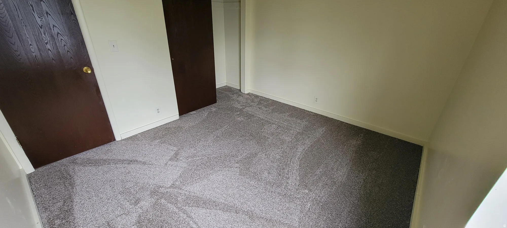 Room featuring neutral-toned walls, grey carpeting, and dark wood-finish doors