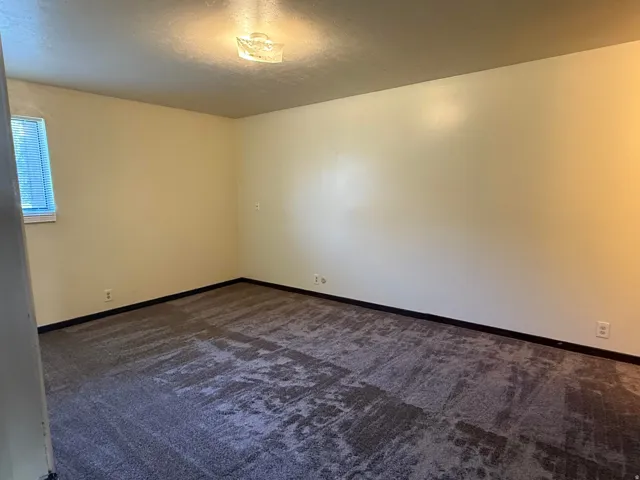 Spacious room featuring textured carpeting, neutral wall finishes, a single window with blinds, and a flush-mount ceiling light fixture