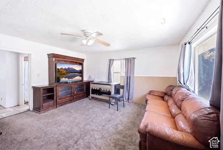 Living area featuring a ceiling fan with light fixture, built-in entertainment center with storage, and natural light from multiple windows