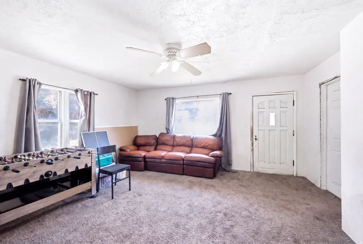 Spacious room featuring carpet flooring, multiple windows, a white paneled door, and a ceiling fan