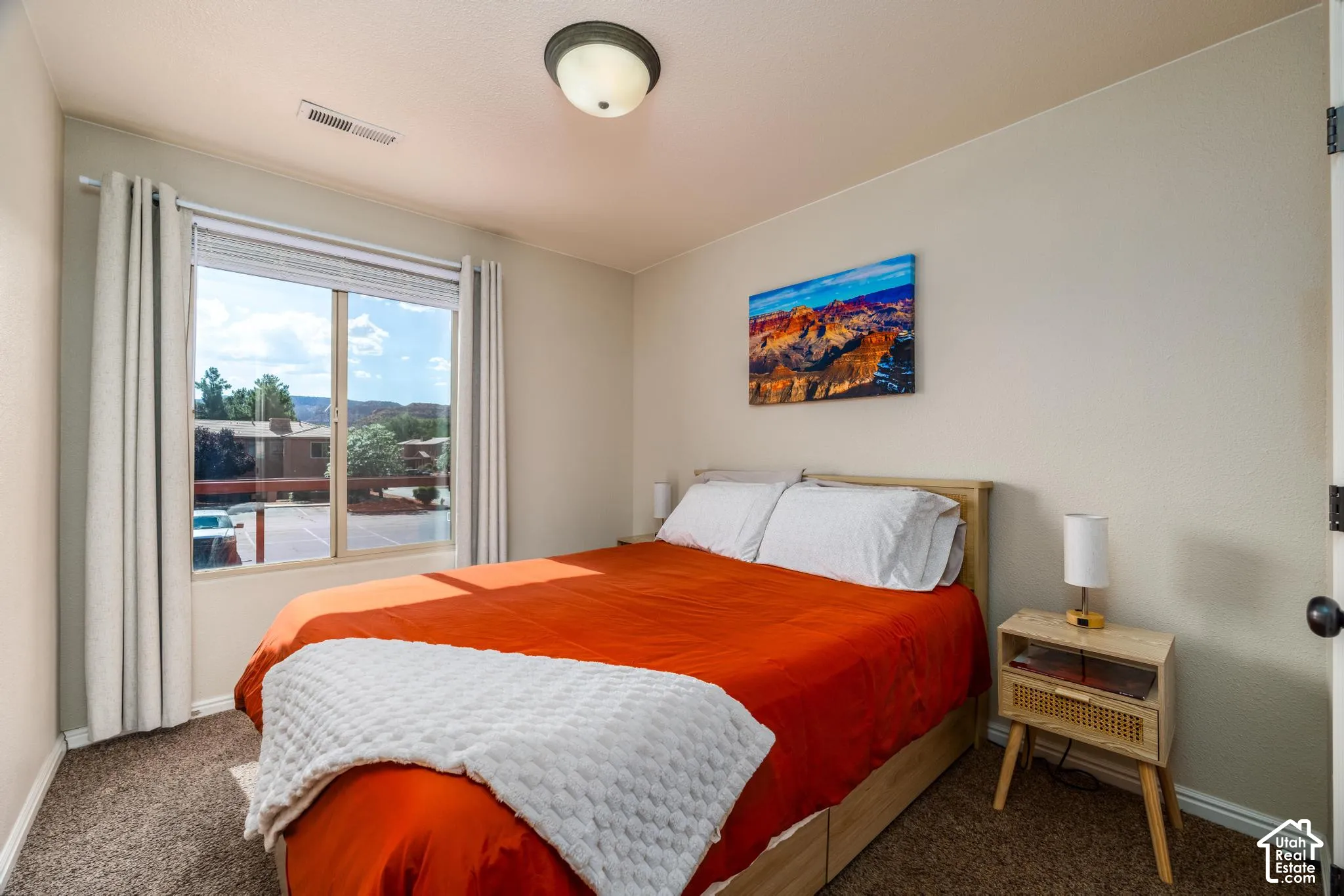 Window with blinds and drapes, neutral wall paint, ceiling-mounted light fixture, and brown carpet flooring