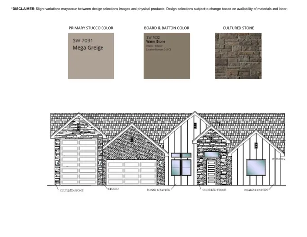 Architectural Design Plan. Illustrating exterior material and color selections for the property