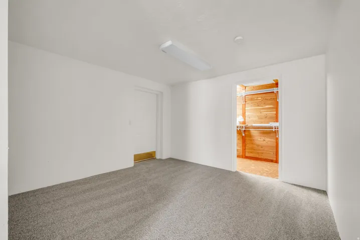 Carpeted room with white walls, a flush-mount overhead light, and a dedicated closet space featuring wood-finish walls and integrated shelving