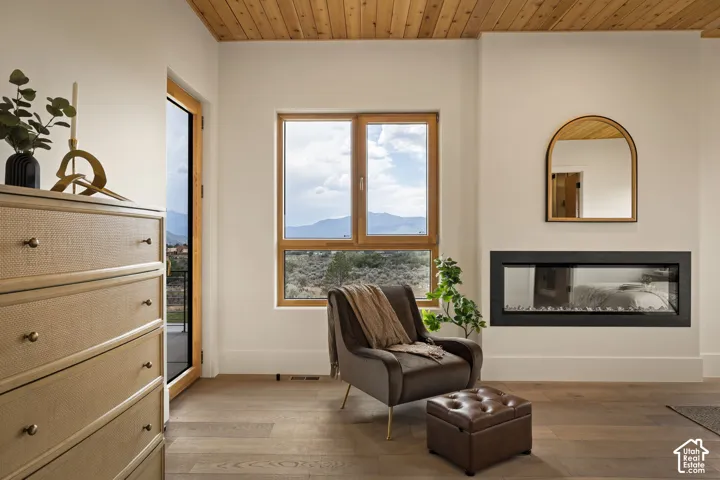 Integrated linear fireplace with a wood-finish mantel and a contemporary arched mirror