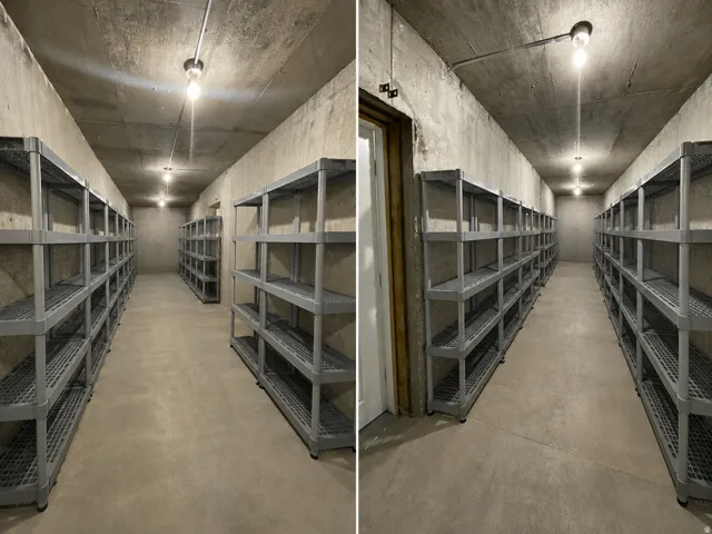 Spacious storage area featuring concrete flooring, concrete walls, and a concrete ceiling