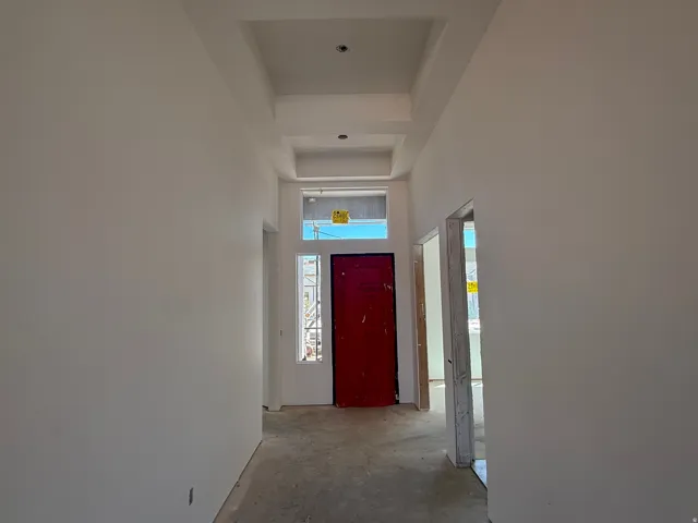 Tray ceiling detail, red front door, transom window, and side window panels