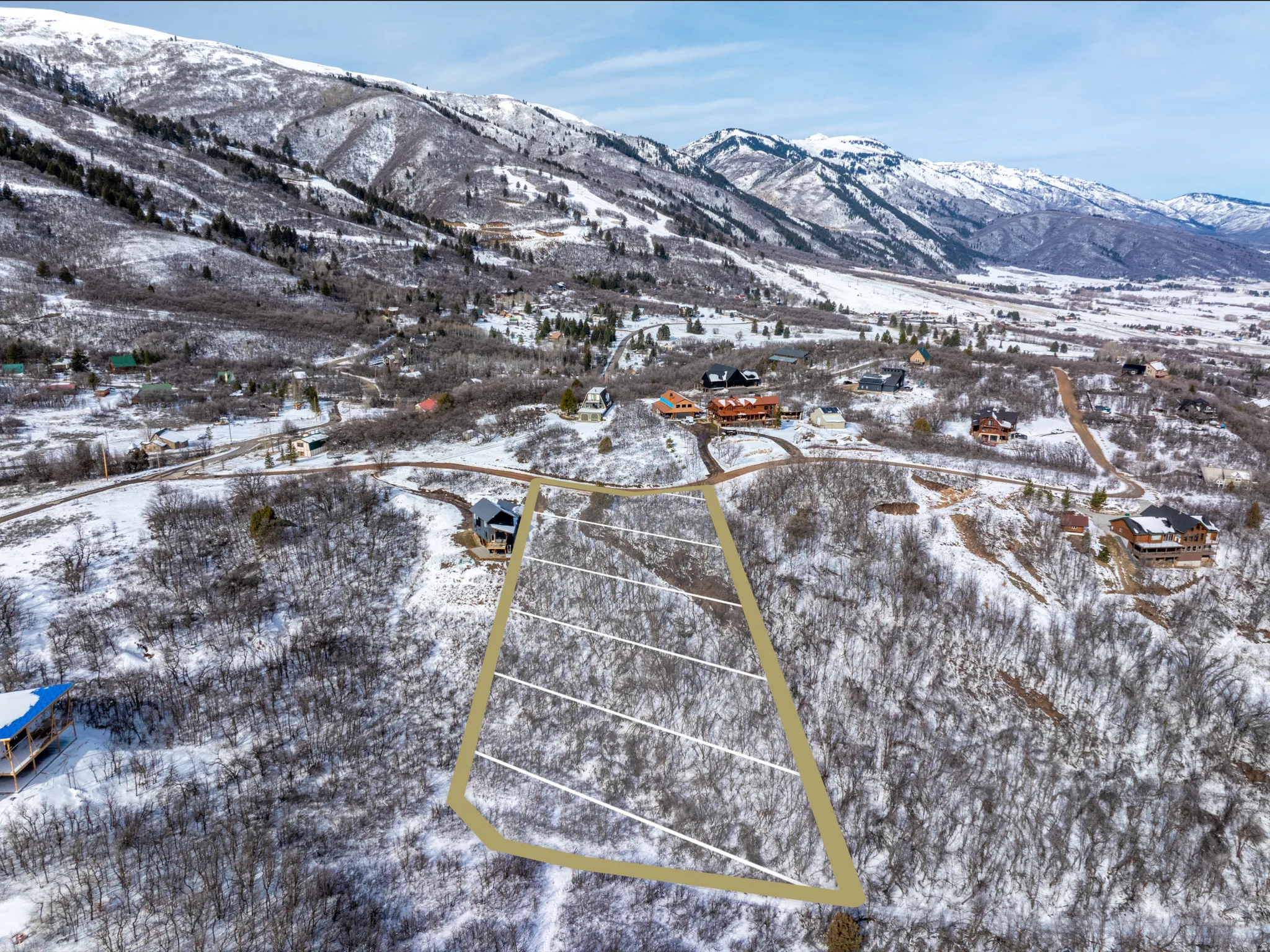 Expansive land parcel featuring delineated boundaries and a natural, treed landscape
