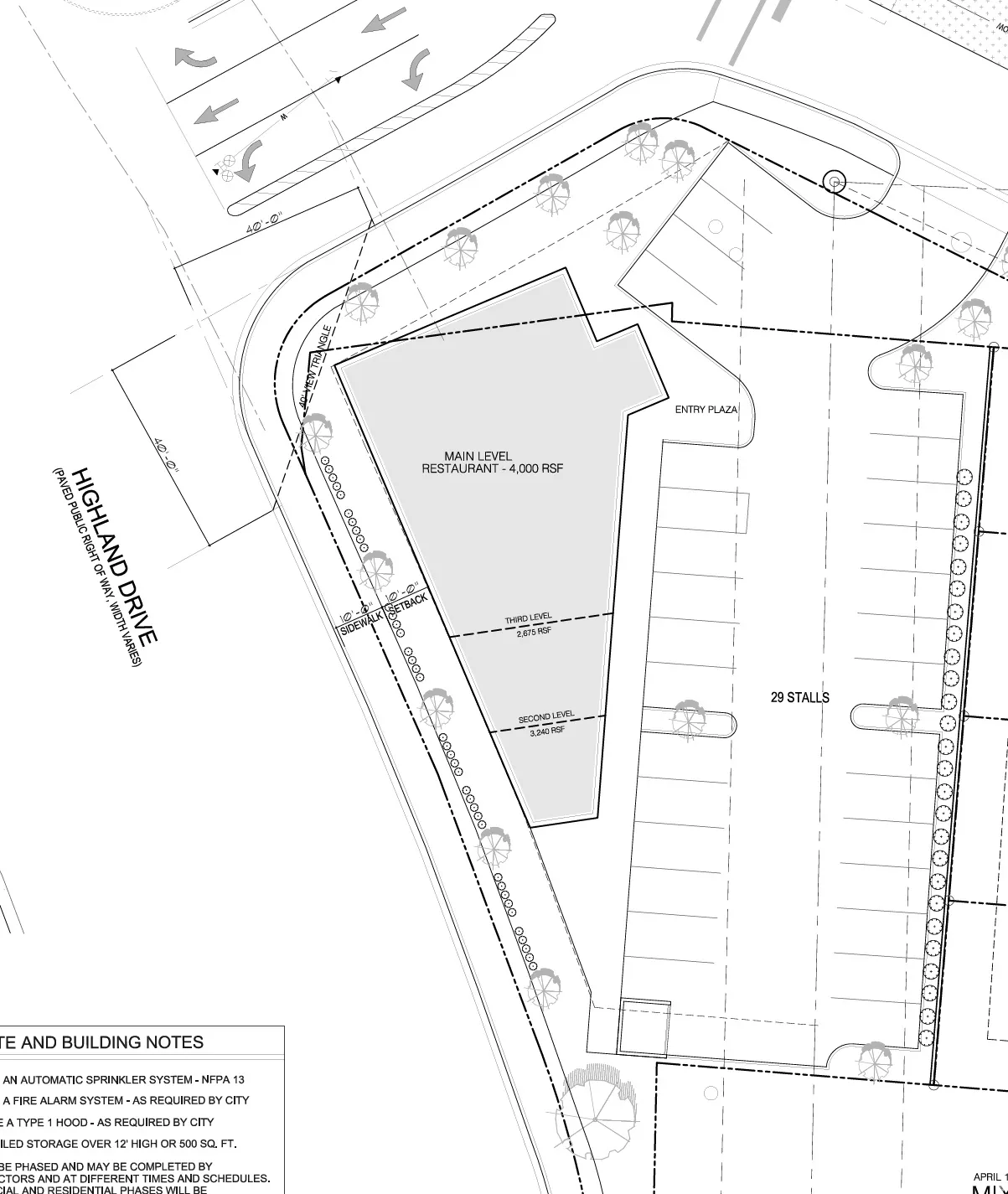Site Plan. Illustrating the property layout, building dimensions, and associated parking facilities