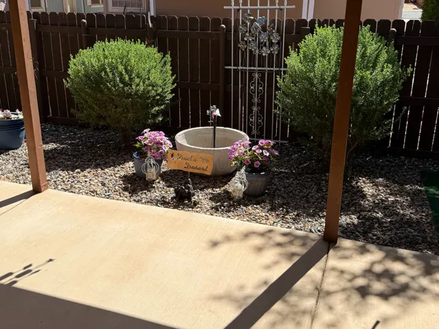 Paved patio area with a wooden pergola structure, overlooking a landscaped gravel bed with established shrubs and an ornamental metal gate feature
