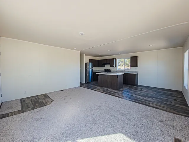 Open-concept living area featuring a kitchen with an island, dark wood-finish cabinetry, and stainless steel appliances