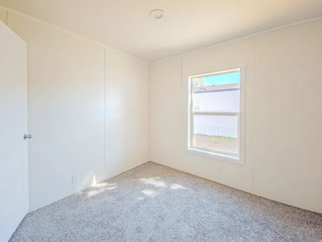 Neutral tone wall panels, white trim, recessed ceiling lighting, light gray carpet, and a window with white casing