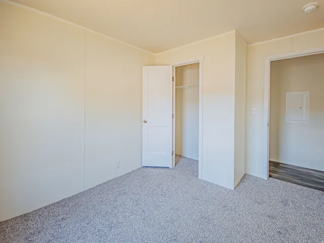 Plush carpet flooring, white interior doors, and a built-in closet with wire shelving