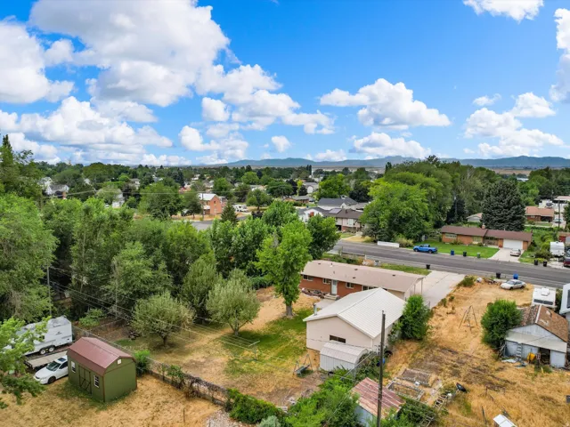 Expansive property featuring a detached shed, mature trees, and a paved driveway