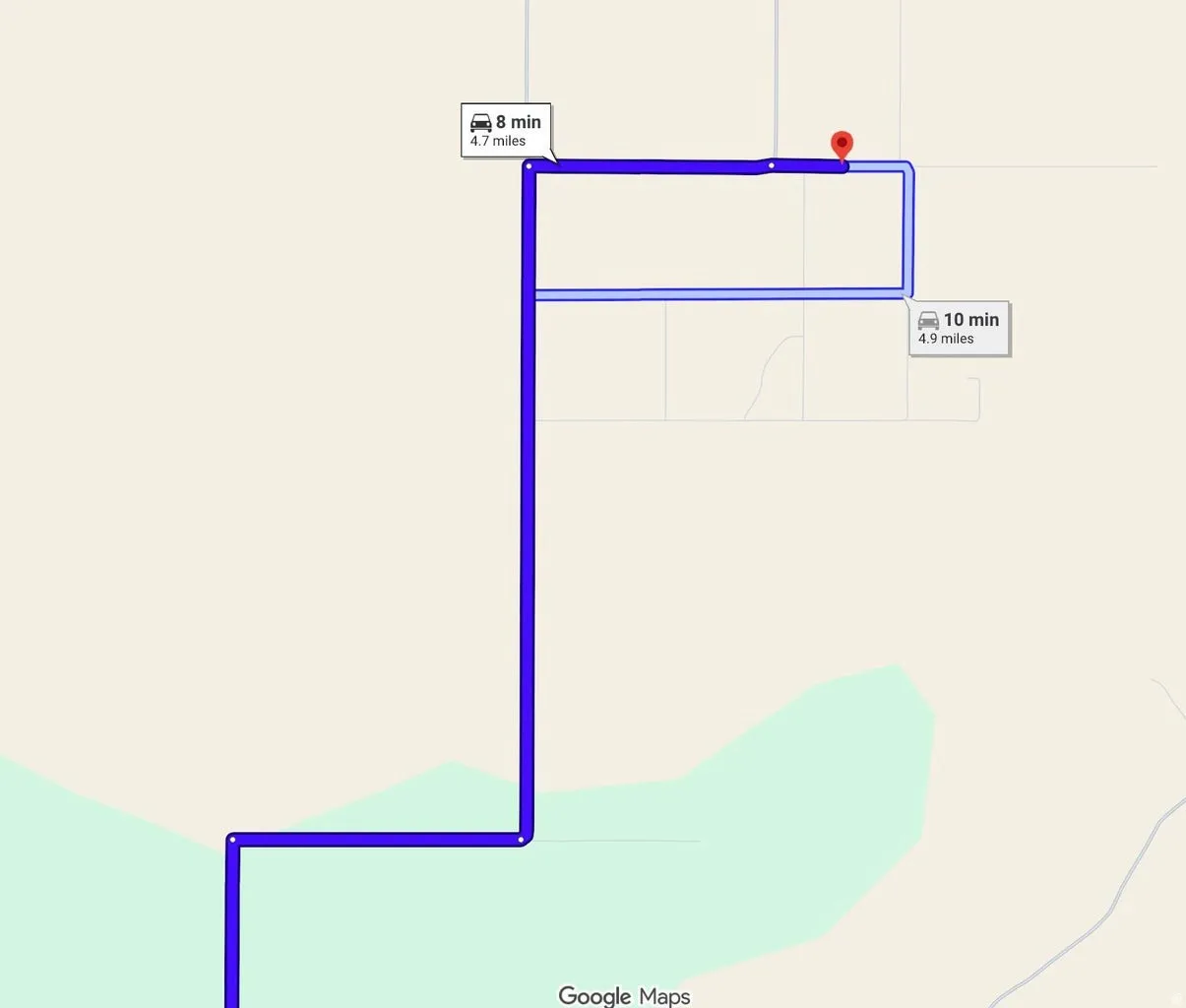 Geographic Route Map. Illustrating two potential travel paths to the property, including estimated travel times and distances