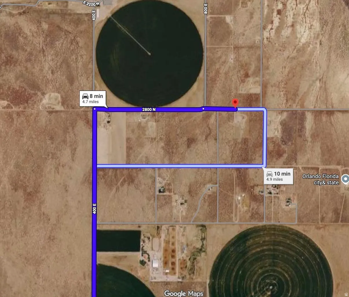 Satellite Map. Indicating a route with approximate distances and travel times to and from the property
