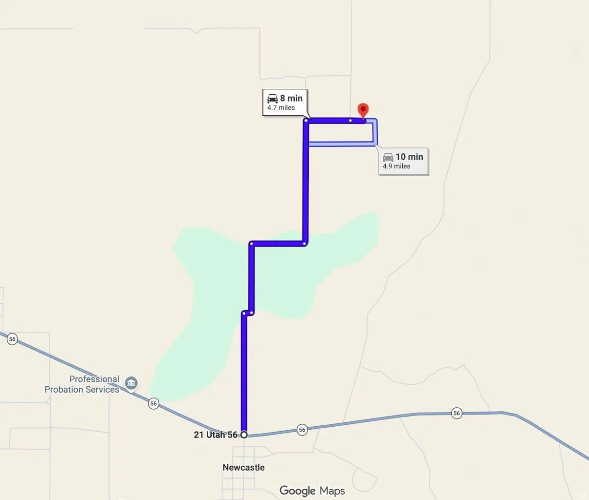 Map. Depicting a route and travel time to the property
