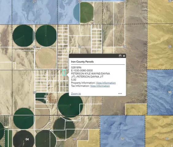 Iron County Parcels Information. Displaying parcel identification, owner details, and links to property and tax information for the property