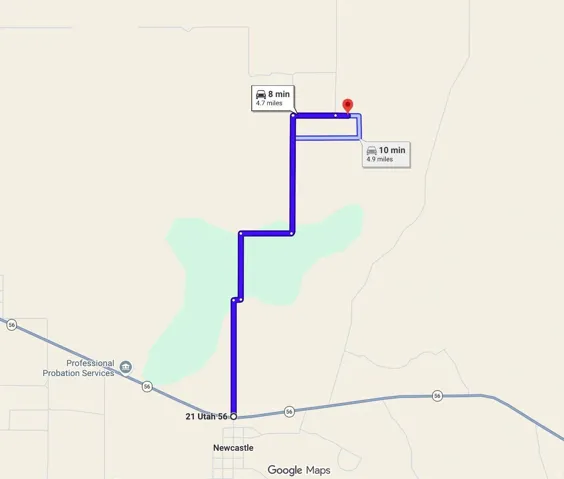 Map. Depicting a route and travel time to the property