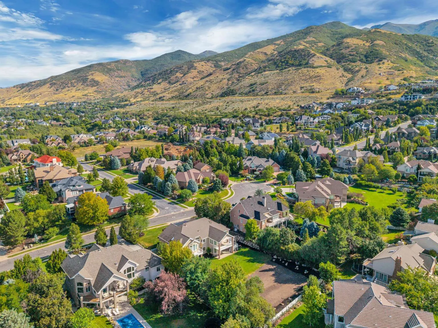 Expansive neighborhood with mature trees, established homes, and mountain backdrop