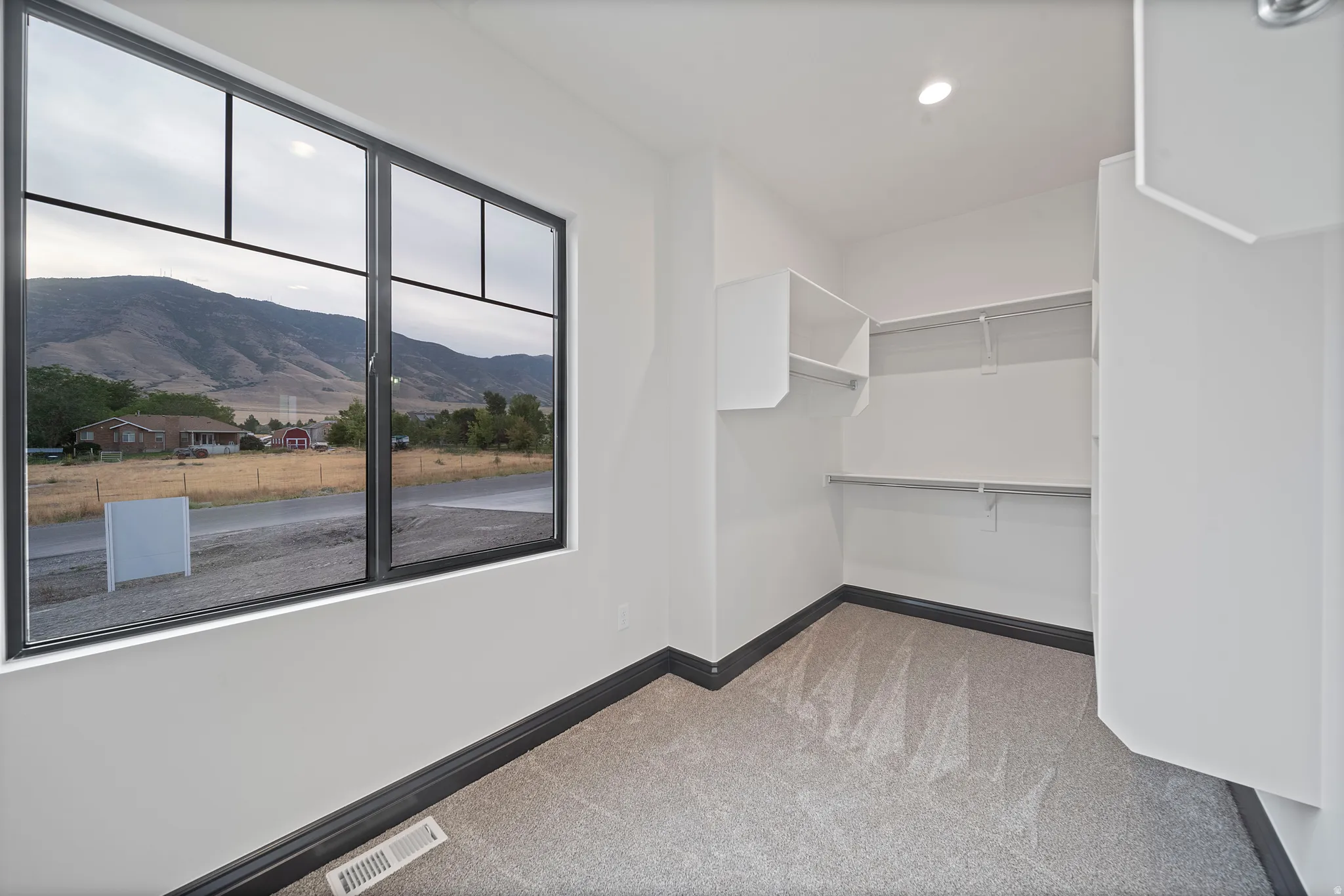 Room featuring a large window with black framing, mountain scenery, light gray carpet, dark baseboards, and a built-in closet system with shelving