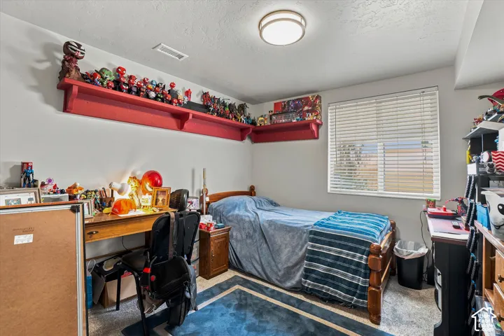 Carpeted room with a ceiling-mounted light fixture and a window with horizontal blinds