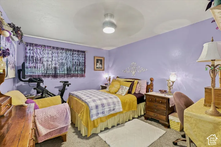 Bedroom featuring a window with blinds, a ceiling-mounted light fixture, and carpet flooring