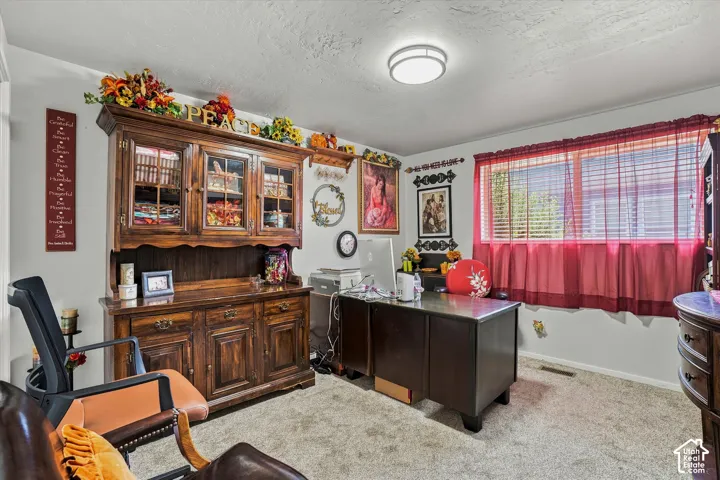 Dedicated room featuring neutral carpeting, light-toned walls, and a prominent window with horizontal blinds