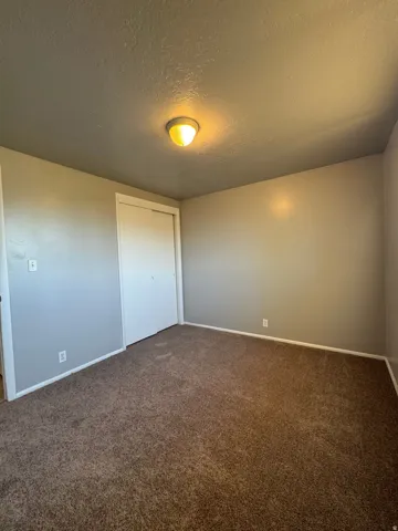 Neutral-toned walls complement the brown textured carpet