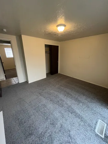 Spacious room featuring gray carpeting, neutral wall tones, a flush-mount ceiling light, and a built-in closet with sliding doors