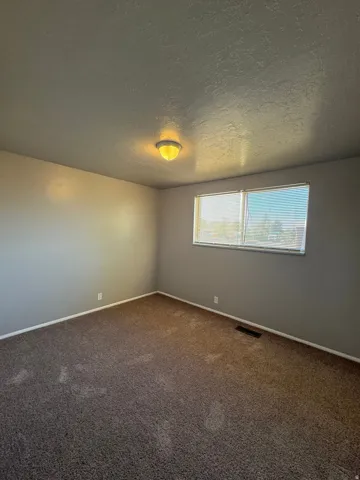 Carpeted room featuring a ceiling-mounted light fixture, two windows with horizontal blinds, and baseboards