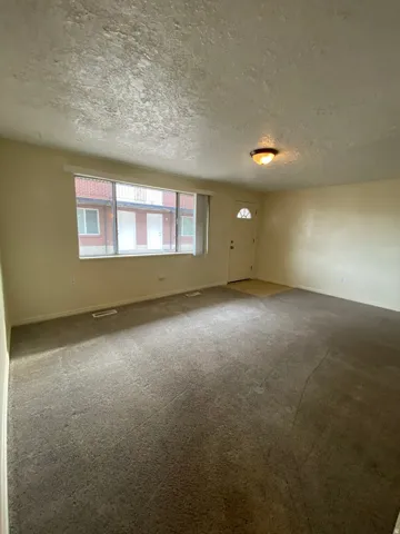 Spacious room featuring neutral carpet flooring, light-toned walls, and a large window