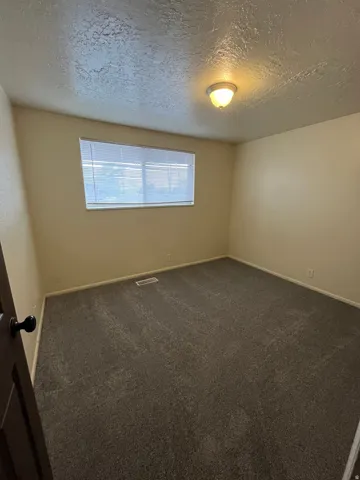 Bedroom featuring light neutral wall paint, dark grey carpeting, a flush-mount ceiling light fixture, and a window with horizontal blinds