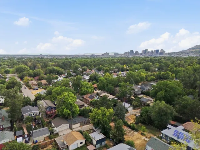 Aerial perspective showcasing a residential neighborhood with a distant cityscape and mountain range