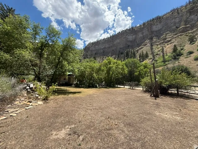 Expansive open yard space surrounded by mature trees, set against a dramatic rock cliff backdrop
