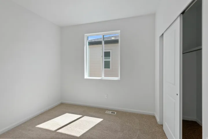 Light-filled room featuring neutral carpeting, white baseboards, a white-framed window, and sliding closet doors
