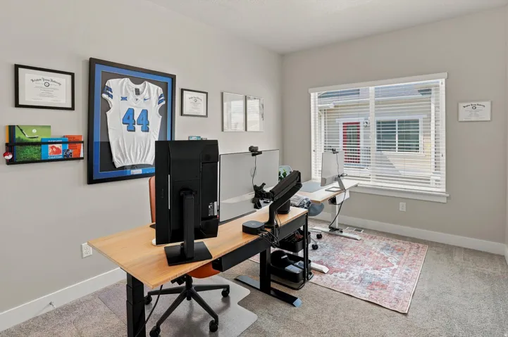 Carpeted room with a large window featuring white blinds, offering abundant natural light