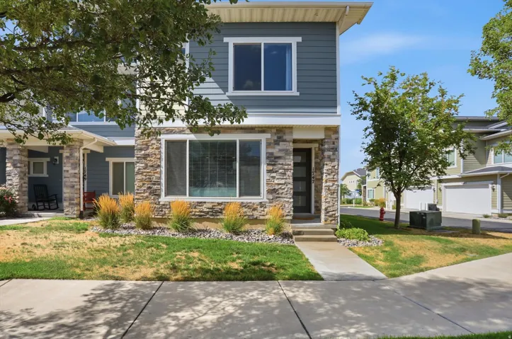 Contemporary exterior featuring blue siding and stone veneer accents