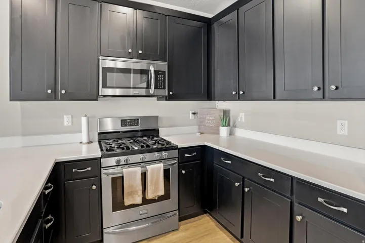 Modern kitchen featuring dark cabinetry, light countertops, stainless steel appliances, and wood-finish flooring