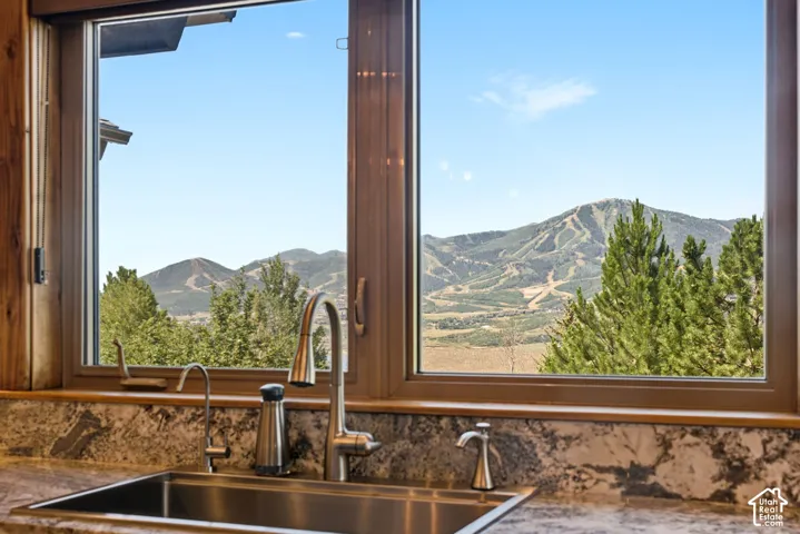 Stainless steel kitchen sink with a high-arch faucet, set into a granite countertop