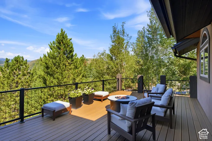 Expansive outdoor deck featuring wood-finish flooring, black metal railings, and a built-in fire pit