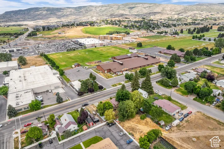Expansive aerial perspective showcasing diverse property types, surrounding green spaces, and a mountain backdrop