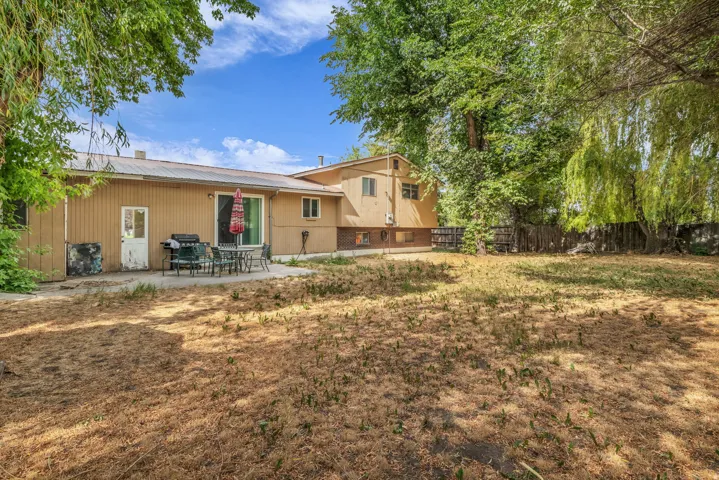 Expansive backyard featuring mature trees, a privacy fence, and a concrete patio