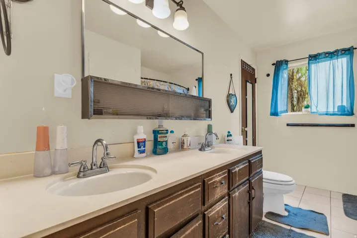 Bathroom featuring a double vanity with integrated sinks and a dark wood-finish cabinet