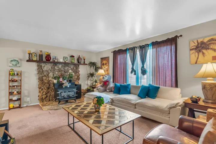 Living area featuring a stone fireplace with a wood-burning stove insert