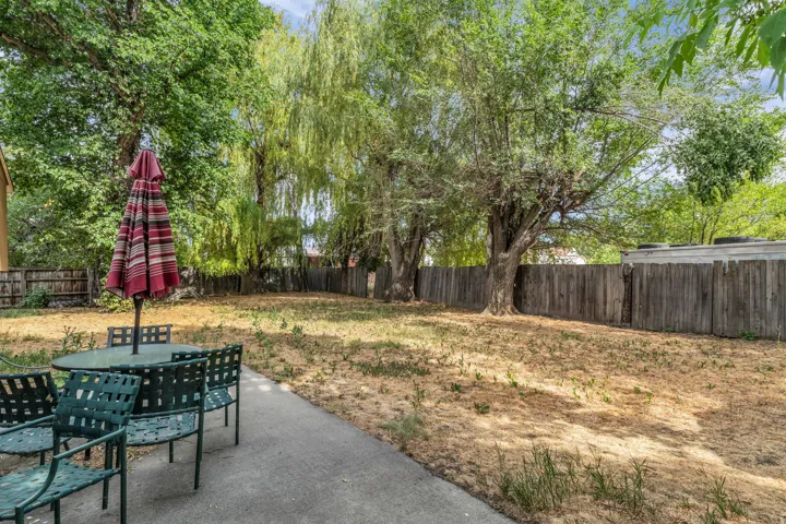 Expansive backyard featuring mature trees, a concrete patio, and a wood privacy fence
