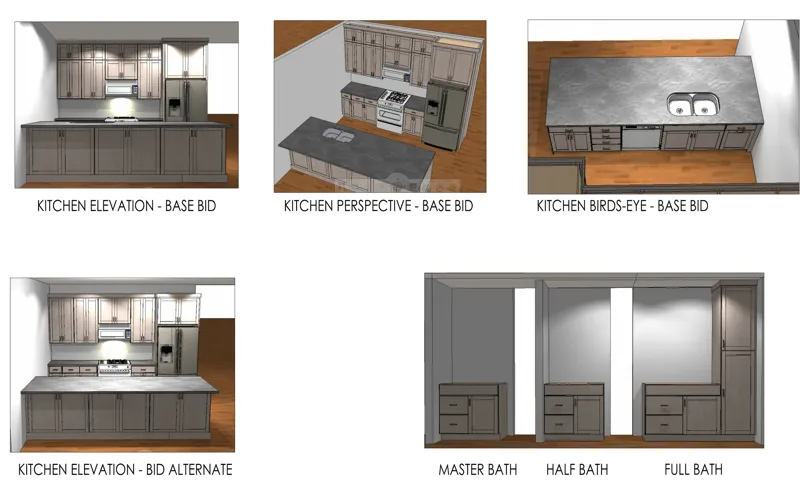 Architectural Renderings. Displaying proposed designs for the property's kitchen and bathroom areas