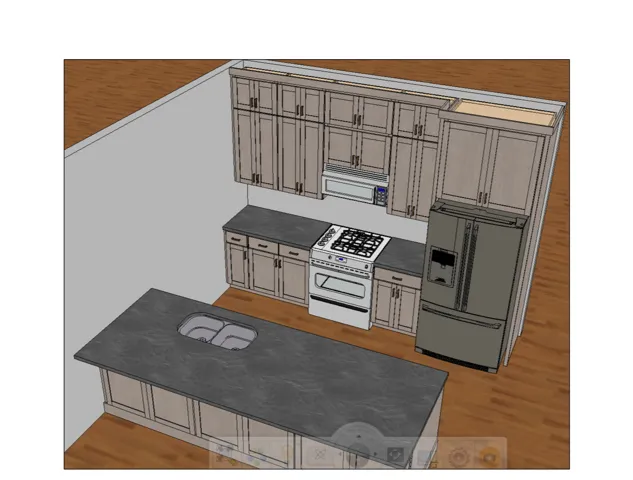 Architectural Rendering, Kitchen Layout. Depicting the proposed arrangement of cabinetry, appliances, and island elements within the property