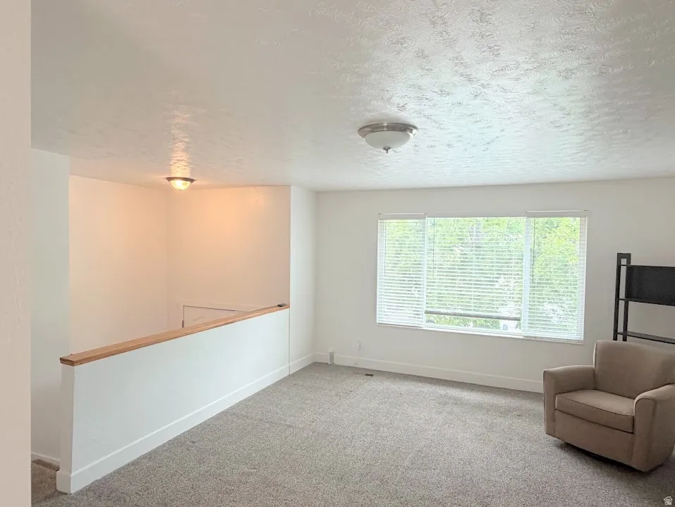 Carpeted room featuring a large window, white blinds, and overhead lighting