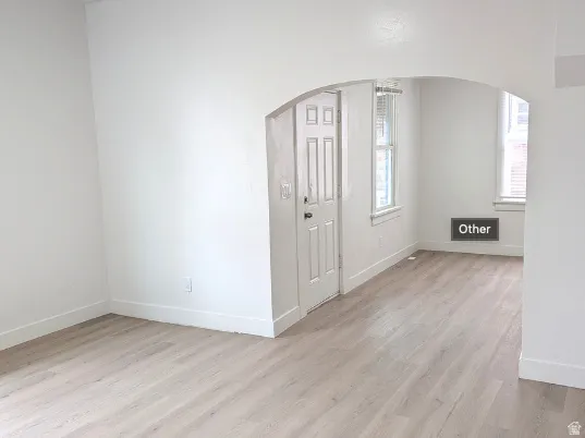 Interior space featuring light wood-finish flooring, white walls, and an arched entryway
